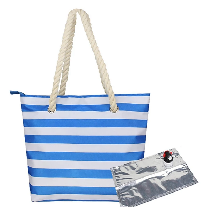 Wine Ice Bag With Inner Insulated Compartment Portable Large Capacity Beach Tote Handbag For Outdoor Beach Party