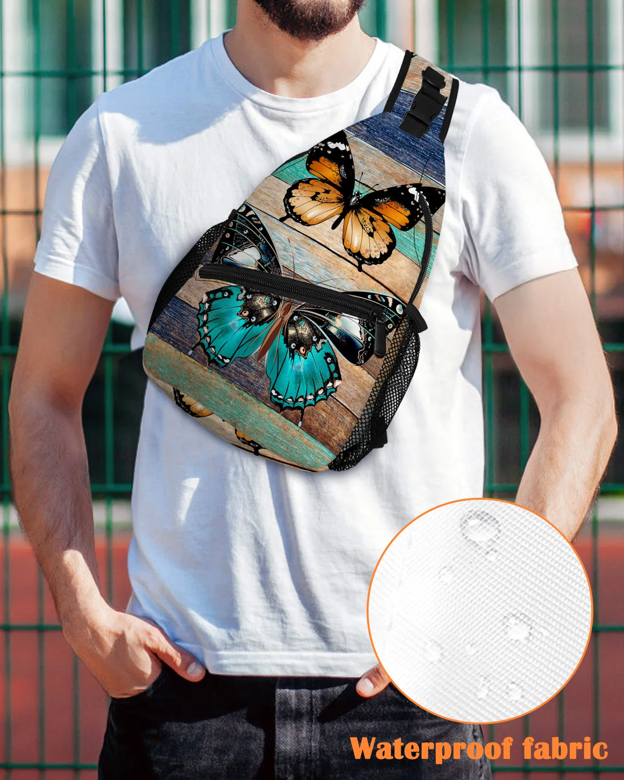 

Butterfly Color Wood Grain Chest Bag for Men Casual Sports Shoulder Bag Women's Travel Waterproof Messenger Bag