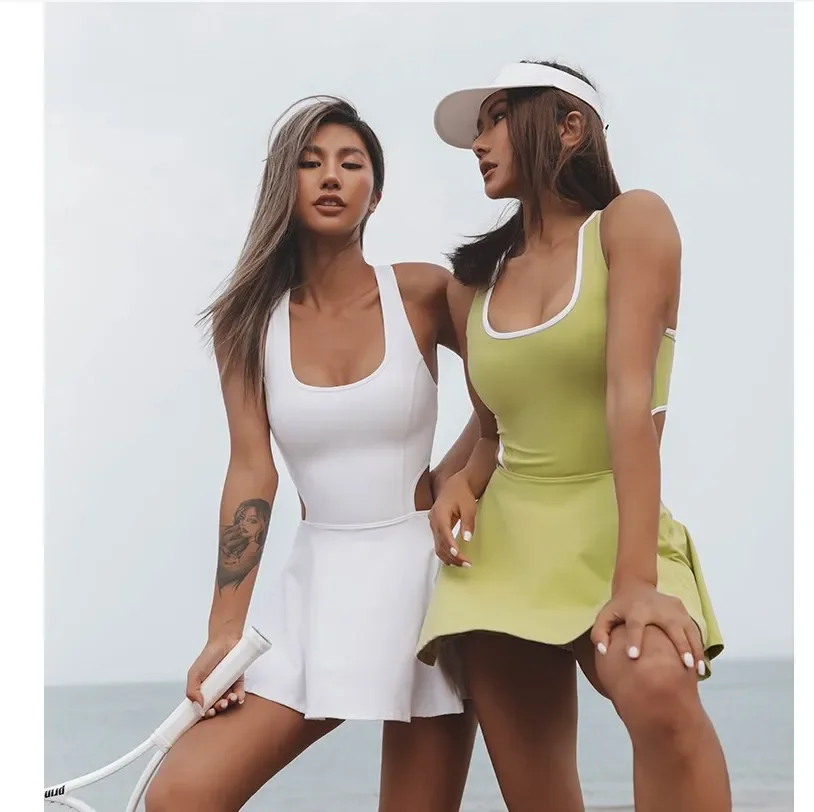 Women Sport Tennis Dress Y-line Straps Beauty Back Golf Skirt Hollow Out Outdoor Running Short Dress Gym Athletic Yoga Clothing