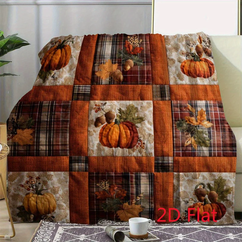 1pc 2D Flat Vintage Autumn Patchwork Plush Flannel Blanket, Soft and Warm Plush Shawl, Pumpkin and Leaf Print, Orange, Brown, Beige, Red and White Rustic Style Plush Blanket with Floral Print, Suitable All Seasons, Can Be Used as a Comfortable So