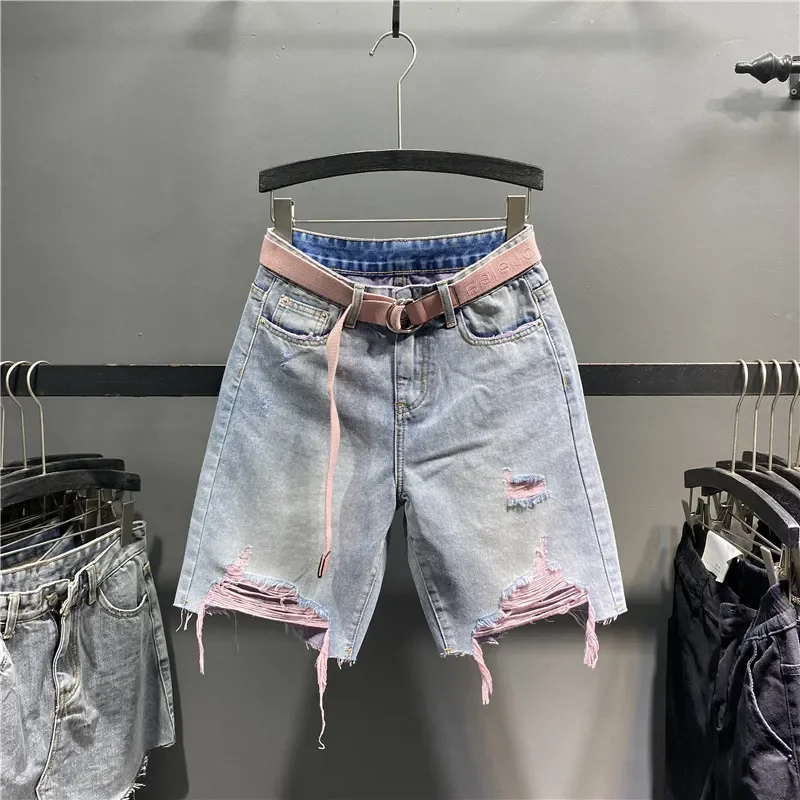 Y2K Purple Liner Distressed Denim Bermuda Shorts With Belt Ripped Frayed Hem High Waist Loose Wide Leg Jean Shorts Women view 2