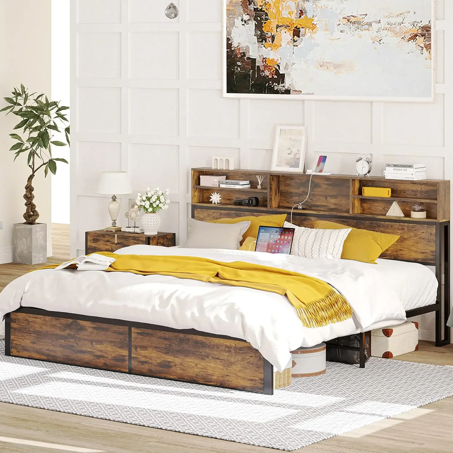 

King Size Bed Frame with Bookcase Headboard and Charging Station, Sturdy and No Noise Platform Bed, No Box Spring Needed