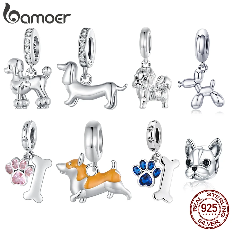 Bamoer Original 925 Sterling Silver Dog Pet Charms Corgi Pendant Paw Prints Bones Cute Lovely for Women DIY Fine Jewelry Gifts