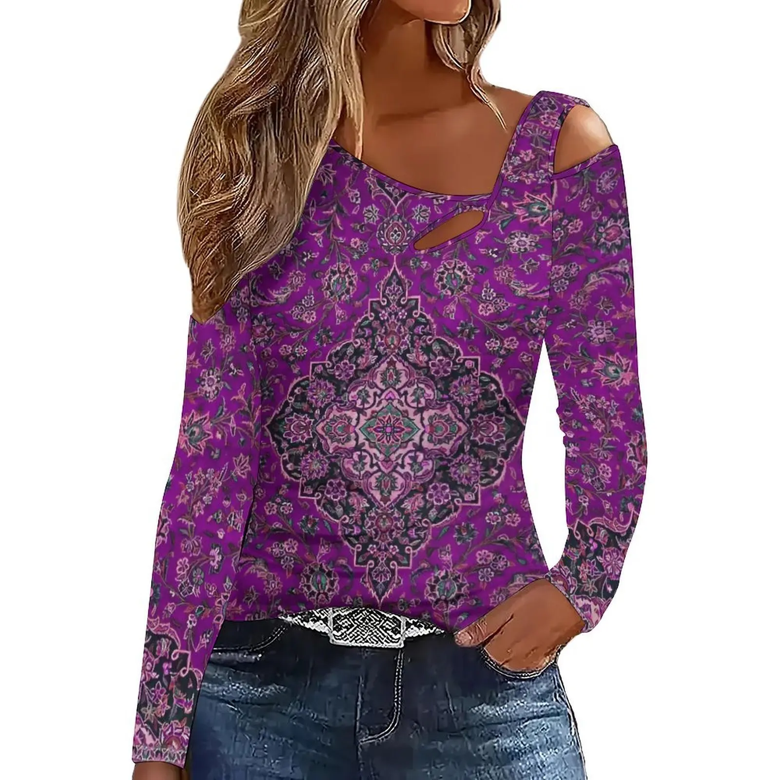 Directional Slanted Shoulder Long-Sleeved ElegantOff-Shoulder Printed T-Shirt  Women's Fashion Clothes