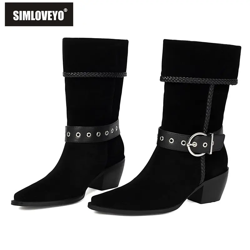 

SIMLOVEYO 2025 новые замшевые женские ботинки до середины икры из флока с острым носком, толстый каблук, без шнуровки, с пряжкой на ремне, большие размеры 42–43, осенняя обувь Bota Hot