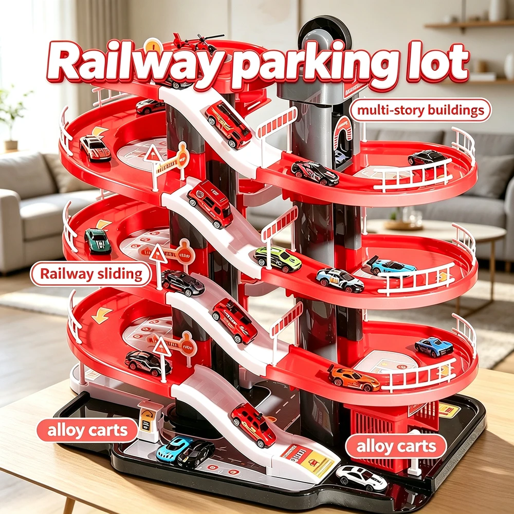DIY Assembled Fire Theme Track Parking Lot Multi Story Sliding Race Track Playset with Alloy Toy Cars Perfect Birthday Gift