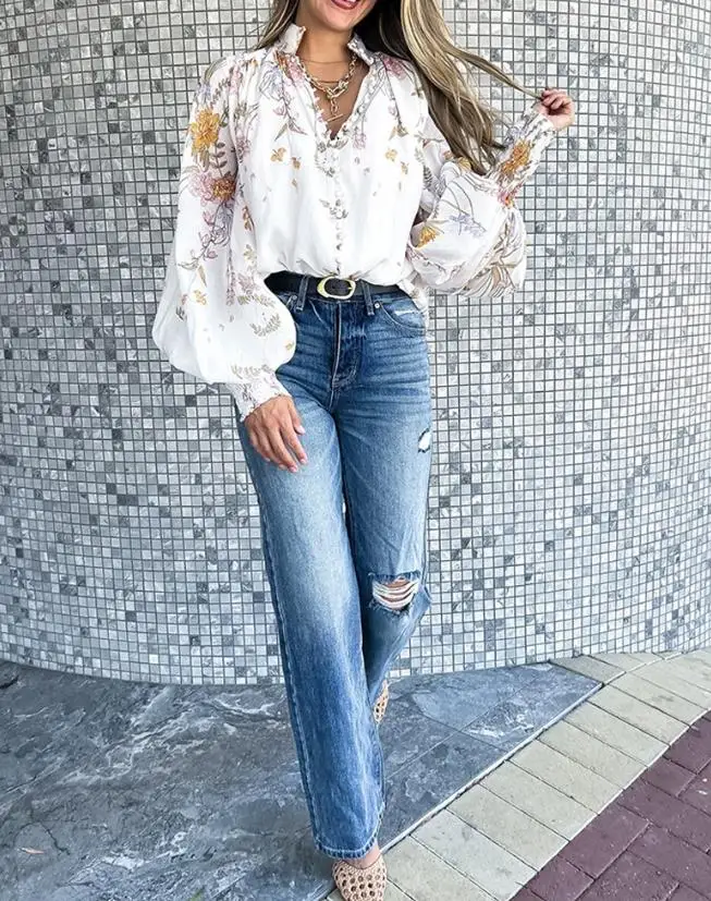 Printed button front lantern sleeve shirt, fashionable and casual loose top, new women's clothing for summer 2025