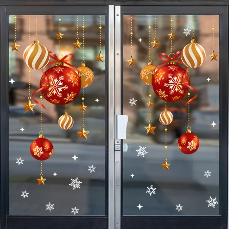 Christmas stickers, Festive Atmosphere Decoration, colorful Balls, Stars, Snowflakes, stickers, Decorative Glass Window stickers