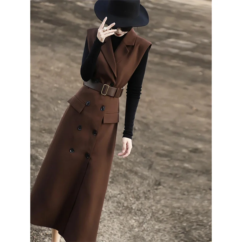 

Длинное длинное пальто с поясом Aurumn Winter, новый двубортный костюм без рукавов, жилет, платье для женщин, французский стиль, Advanced Sense