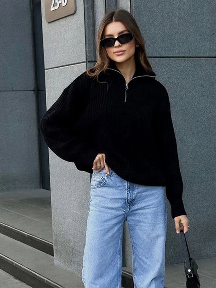 

Half Zipper Striped Knit Pullovers Women Elegant Laple Long Sleeve Female Sweaters 2024 Autumn Winter Fashion Lady Knitwears