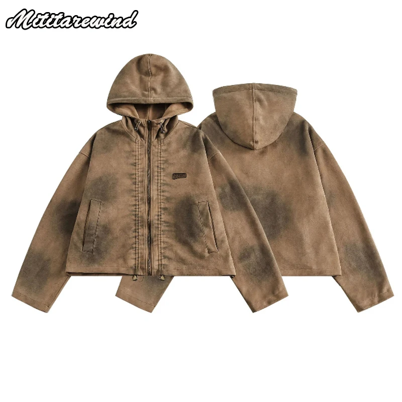 American Retro Distressed Hooded Leather Jacket Women Oversized Hip Hop Streetwear Autumn Winter Windbreaker Short Suede Jacket