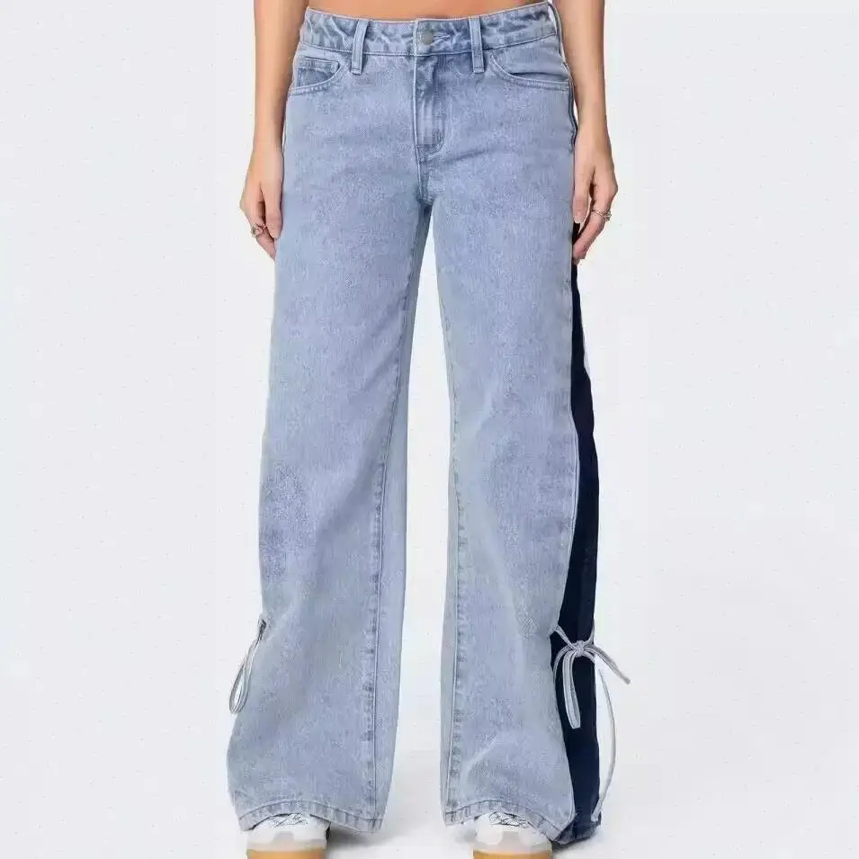 Denim Wide Leg Pants Women Jeans Patchwork Lace Up Washed Distressed Pockets 2026 Streetwear Straight Trousers Floor Length