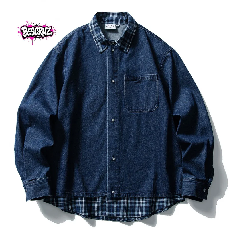 

BESCRUZ High Quality EU US Size Vintage Fake Two-Piece Plaid Patchwork Denim Work Shirt