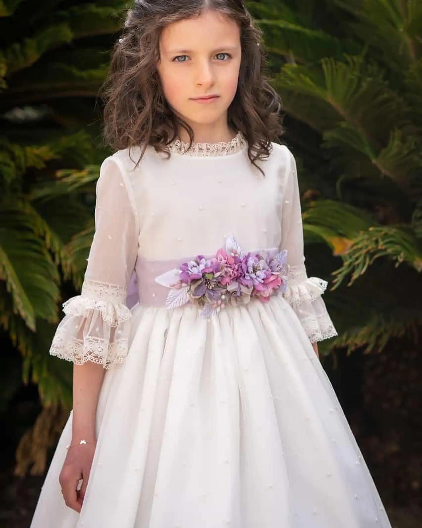 FATAPAESE VestidodeCommunion Girl Vintage Princess Lace Floral Ribbon Belt Embroidery Tulle Gown Bridemi Primeracomunión