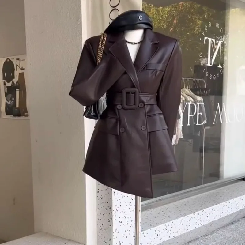 Giacca in pelle elegante retrò con temperamento moda marrone da donna manica lunga moda autunnale cappotto blazer femminile slim fit