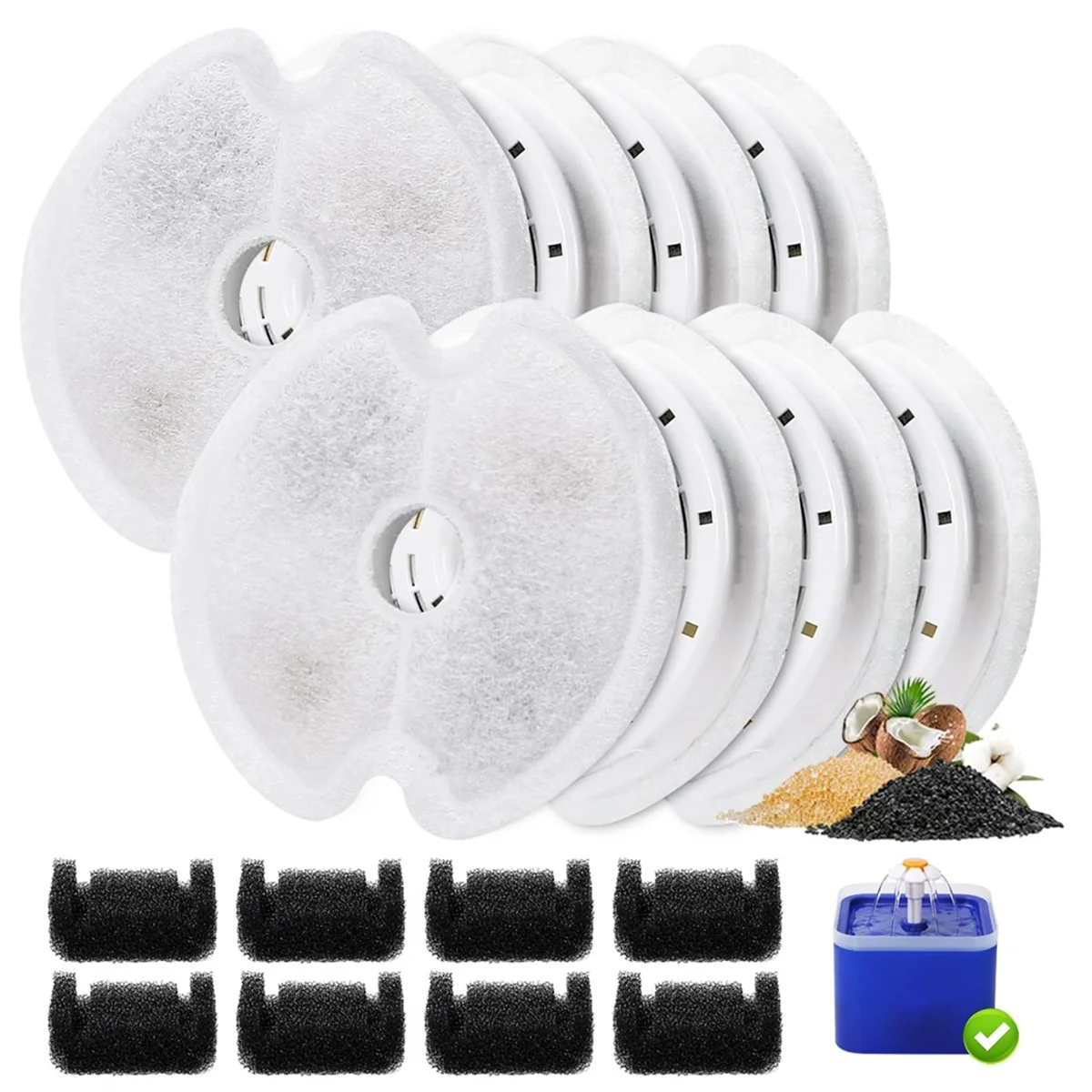 

A59T 8PCS Cat Water Fountain Filters for Ultra Silent Cat Fountain 67oz/2L with Pre-Filter Sponges for Pet Water Fountain