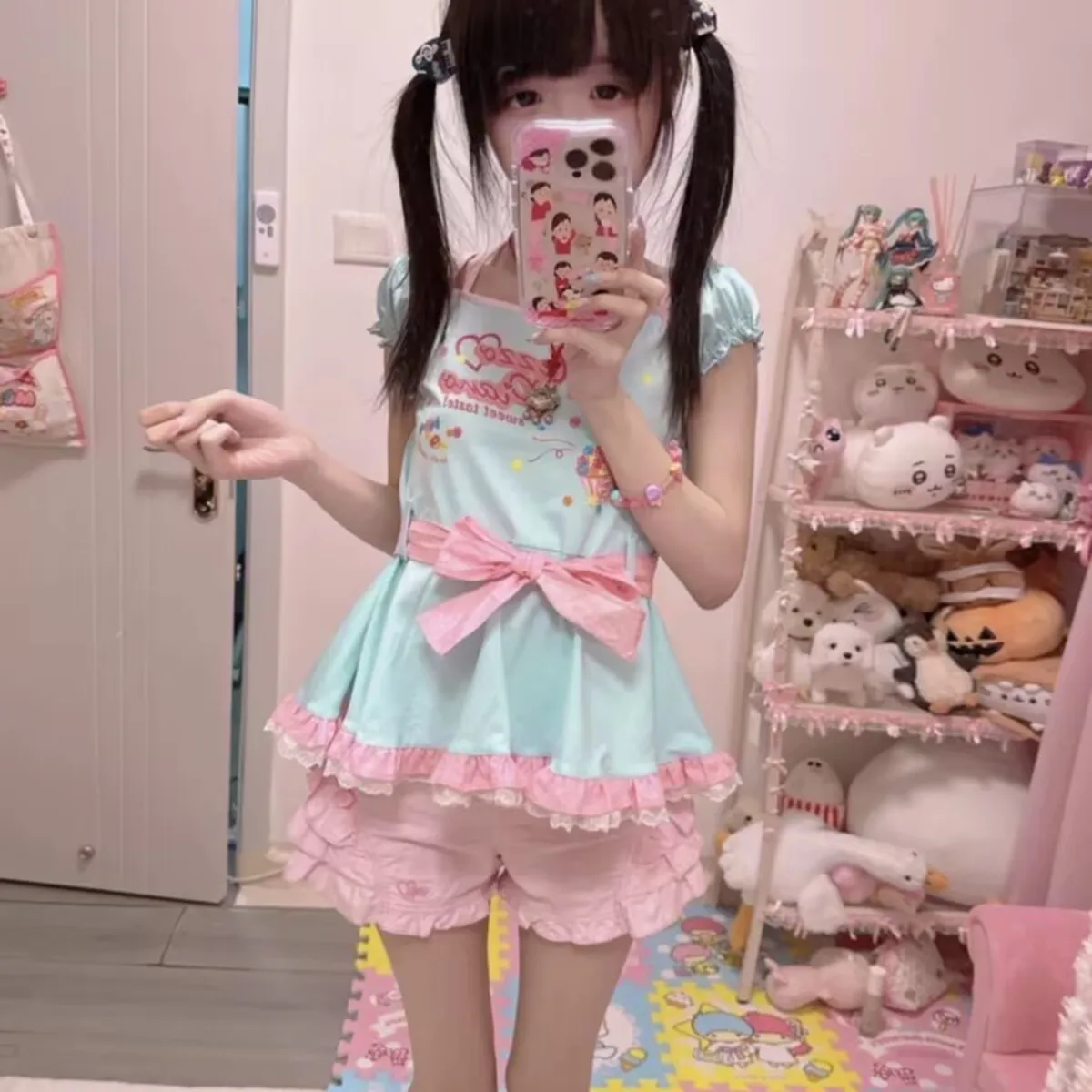 اليابانية Kawaii طباعة لوليتا تي شيرت المرأة Y2k لطيف تيز الصيف الحلو القوس الرسن الرقبة ضمادة قصيرة الأكمام ملابس علوية من القطن