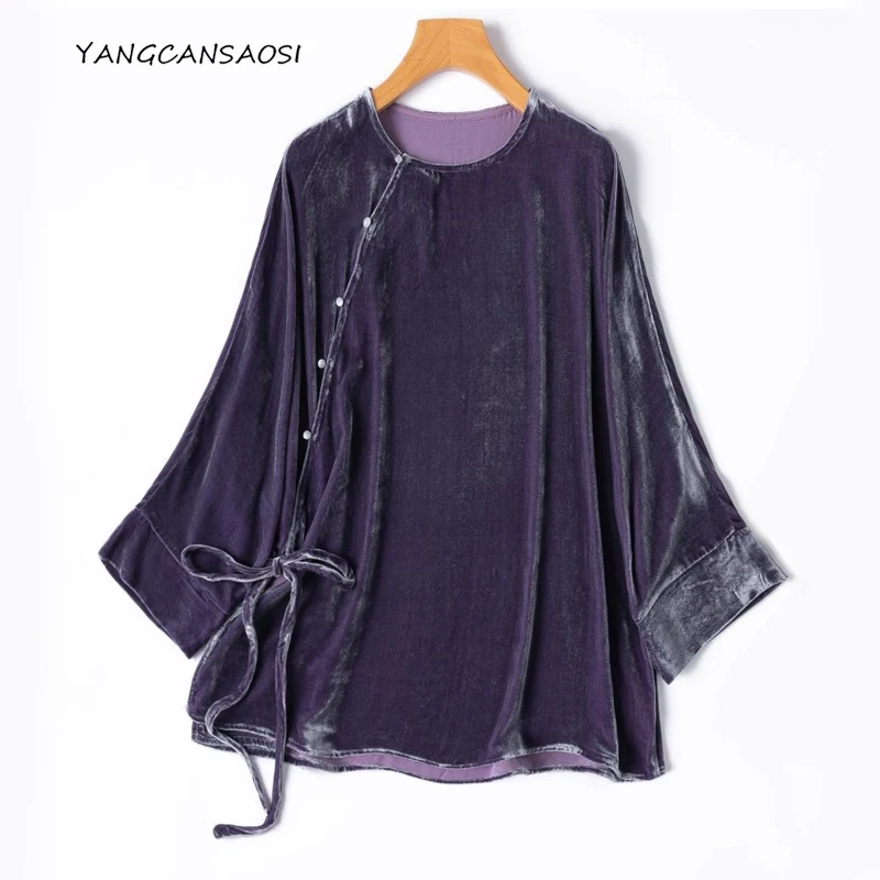 

Женская одежда, элегантная новая футболка в китайском стиле из 30% натурального шелка шелковицы, бархатная футболка с косой передней частью и длинными рукавами в стиле ретро с круглым вырезом