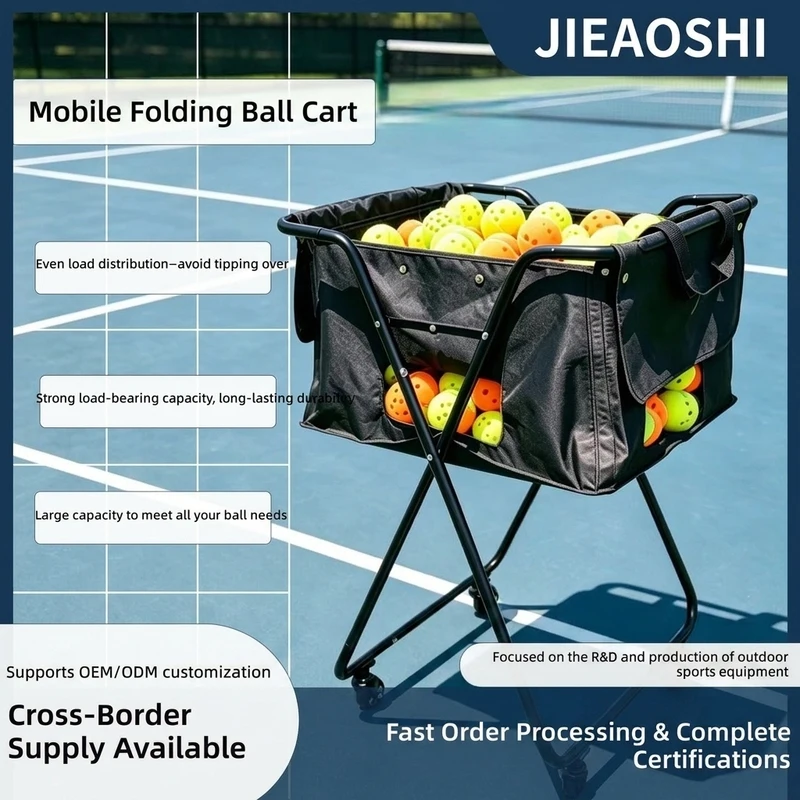 Black Foldable Portable Tennis Ball Collection Cart, Can Hold 150 Balls, Durable Iron Frame, Environmentally Friendly Mobile Sto