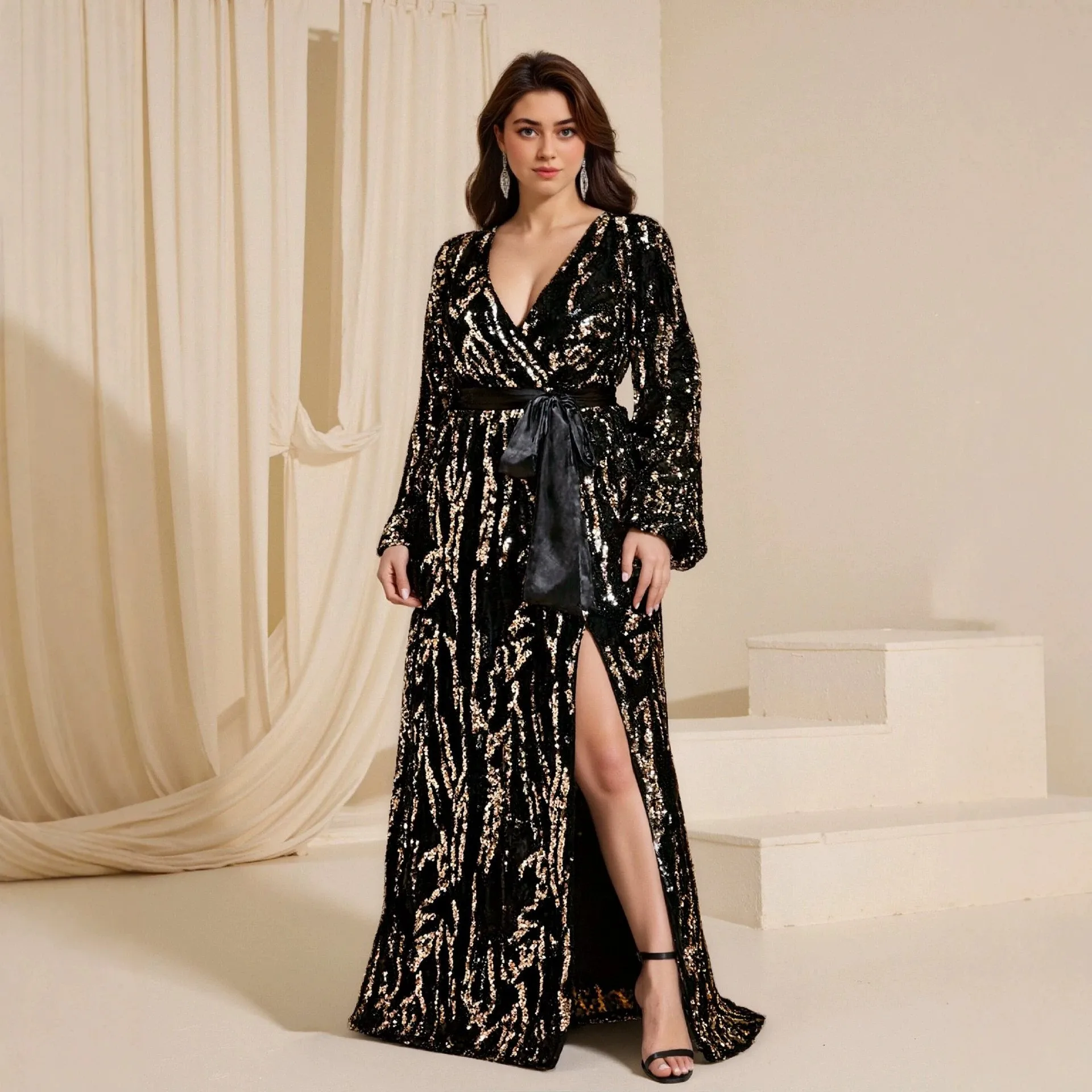 Sequined Belt V Neck Maxi Length Elegant with Long Dress Party High Waist No Sleeves Deep V Neck Evening Dress for Women