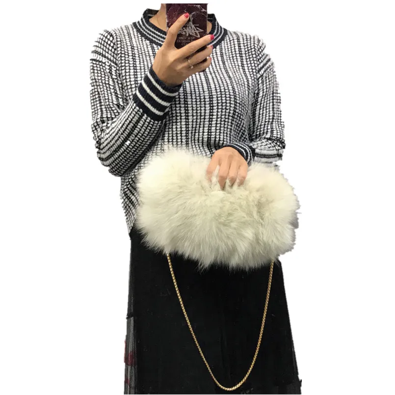 Women's Natural Fox Fur Bags Furry Winter Shoulder Bags Fluffy Fashion Chain Hand Warmer