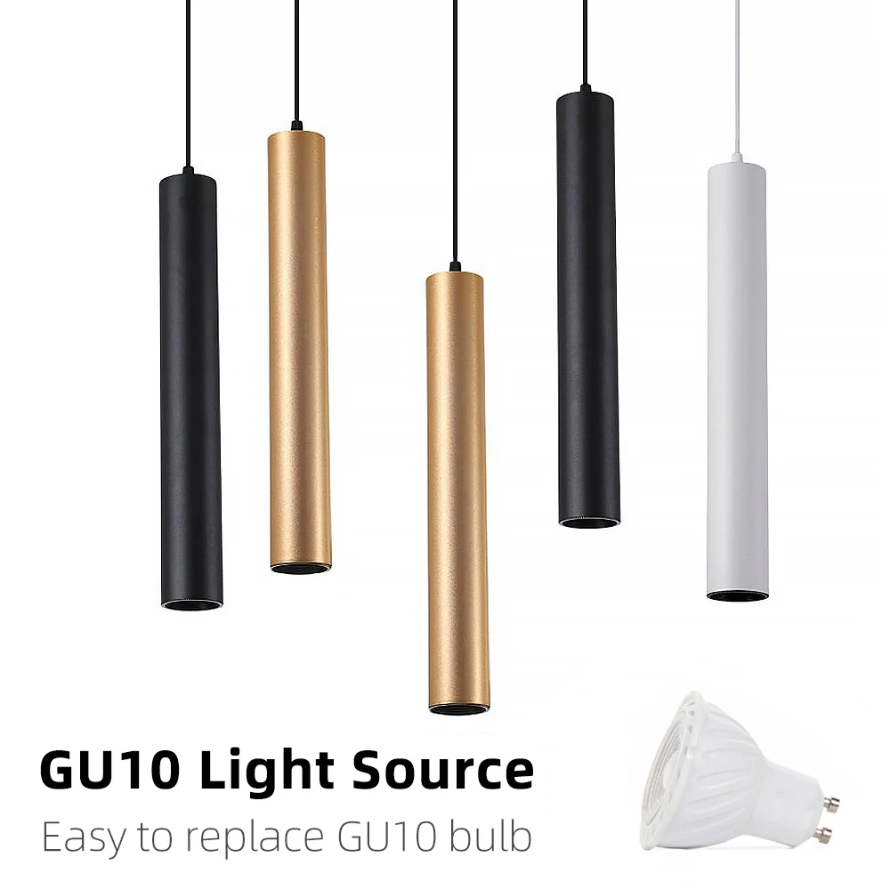 

Modern LED Pendant Long Tube Black White Rose Golden Ceiling Replaceable GU10 Island Bar Counte Shop Room Kitchen Fixtures Lamp