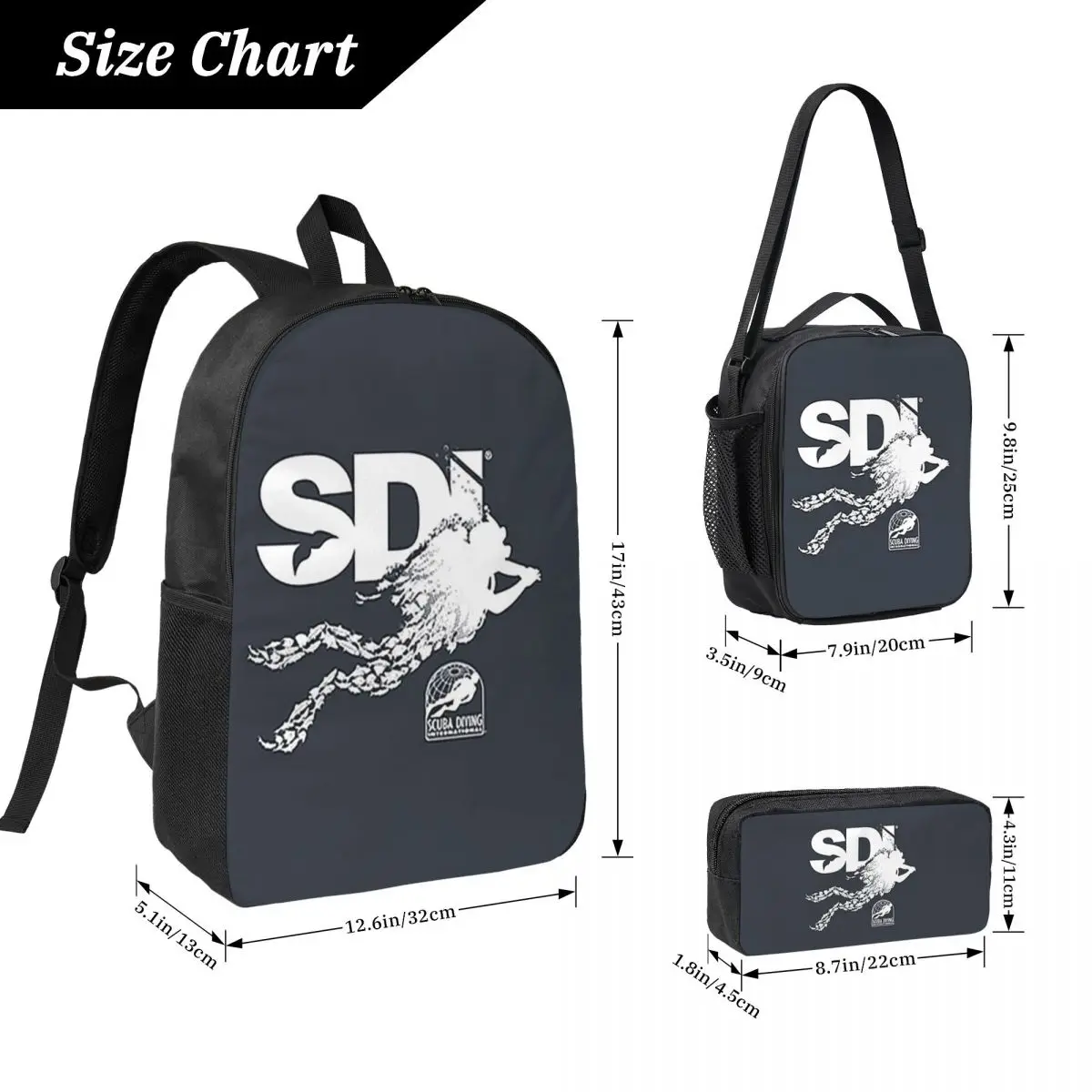 Scuba Diving International (SDI)- Scuba Fish Diver Backpack Student BookBag School Bag 3ps Insulated Lunch Bag Pencil Case