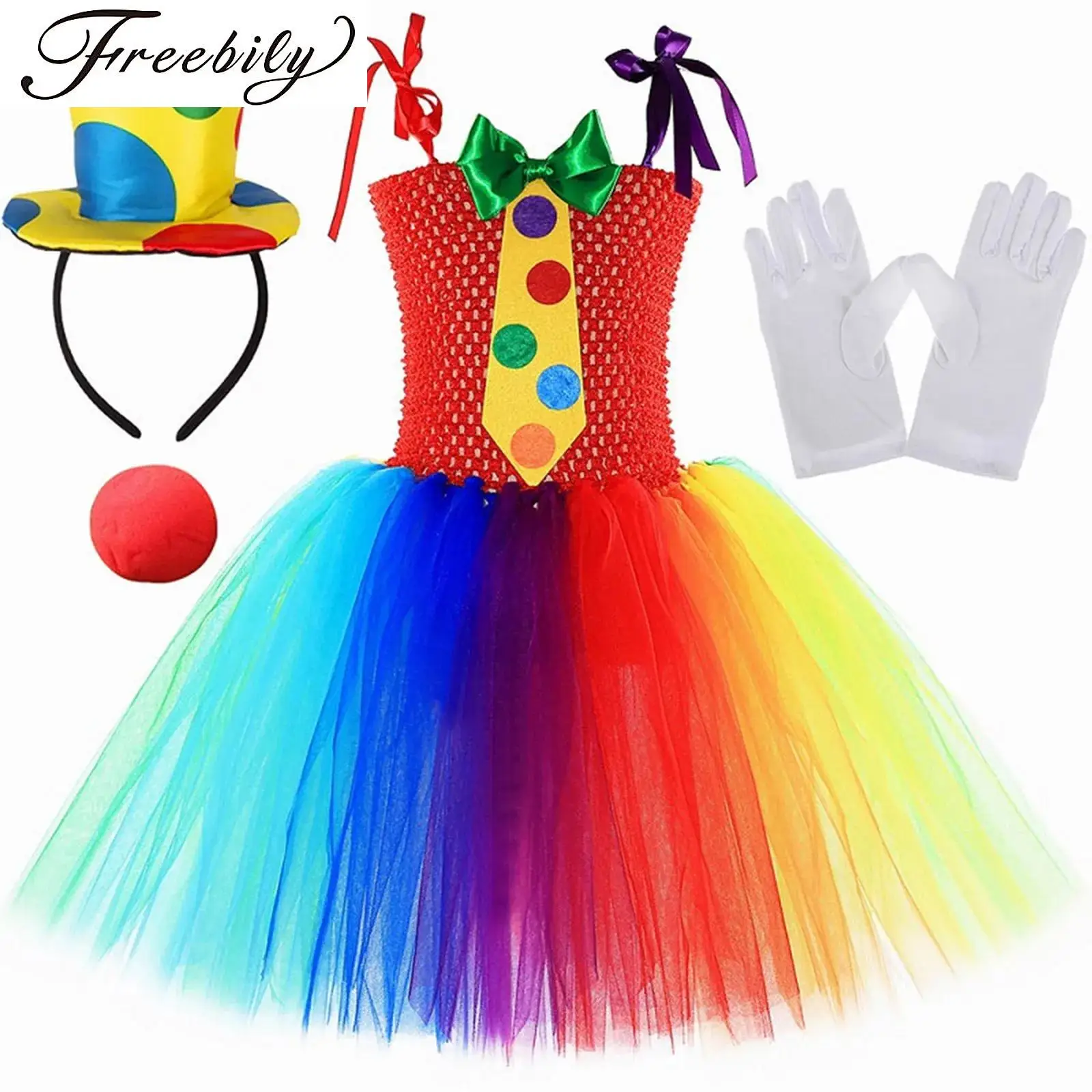 

Girls Rainbow Circus Cosplay Costume Funny Joker Halloween Tutu Dress Circus Puffy Dress Christmas Birthday Party Clown Outfits