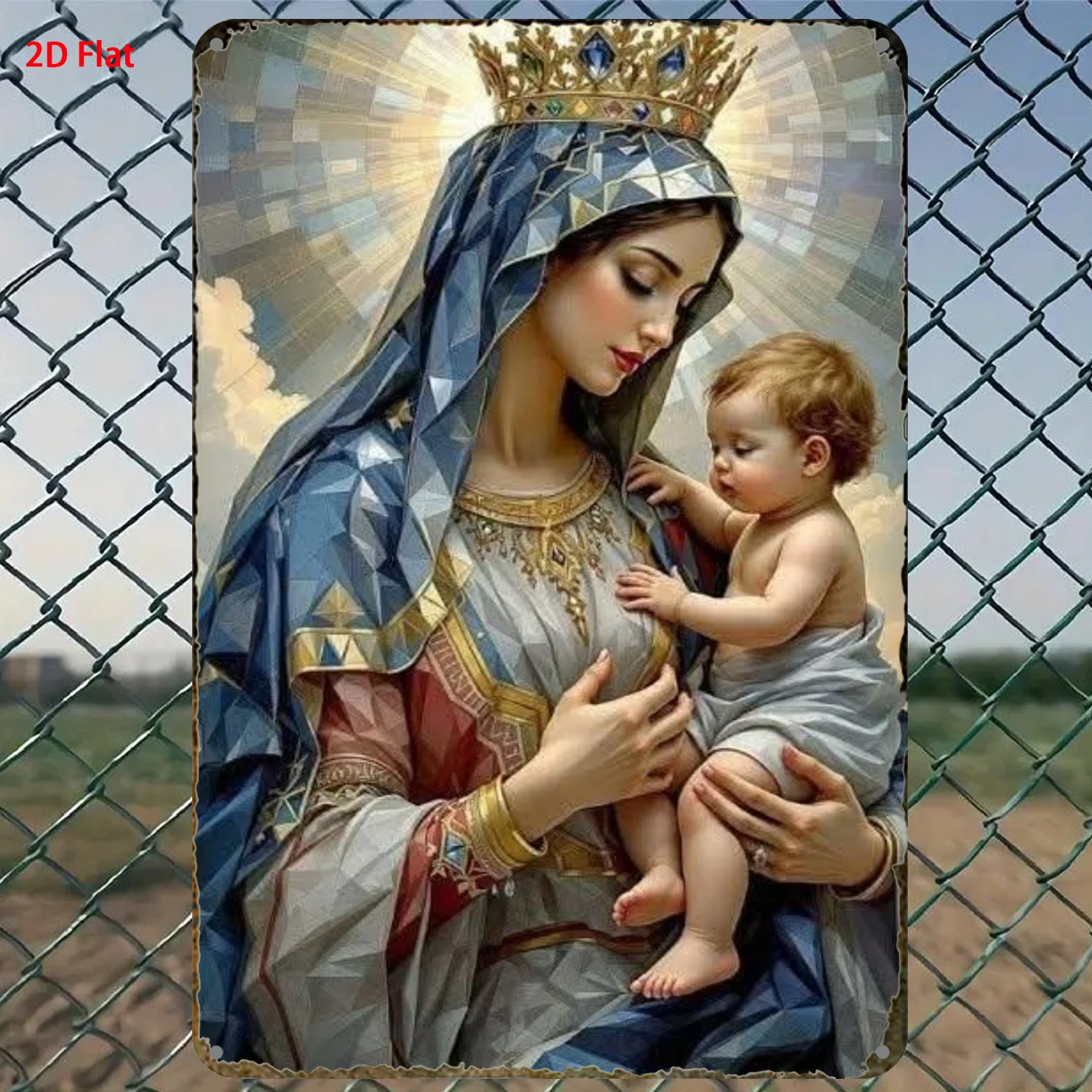 2D Metal Sign Vintage Virgin Mary Jesus Crown Blue Robe Geometric Art 8x12 Inch Wall Decor for Men Cave Garage Garden Bathroom E