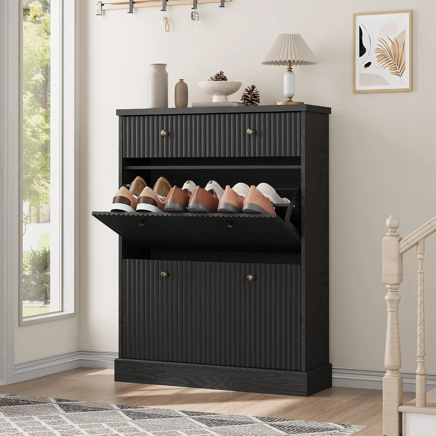Schmaler Schuhschrank mit 2 Klappfächern & Großer Schublade – Modernes Rillendesign, Verstellbare Regale, Kippschutz, für Flur & Schlafzimmer