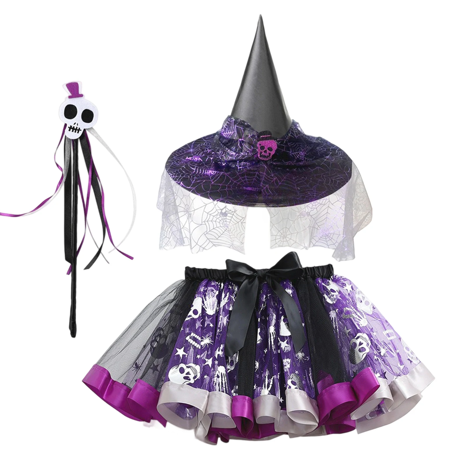 Witch Costume Accessories Set for Girls Spider Mesh Witch Hat + Skull Wand + Mini Skirt Halloween Cosplay Outfit