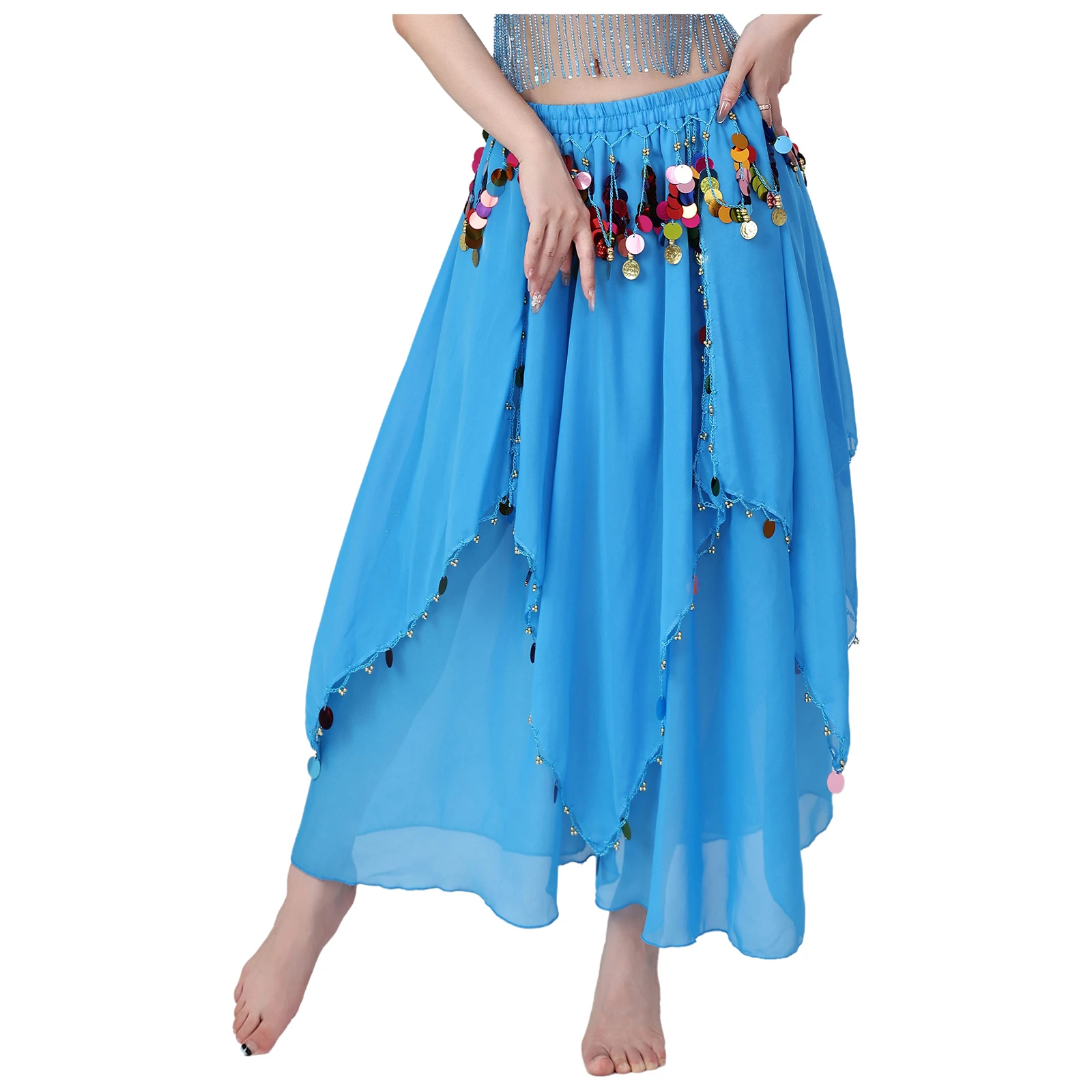 Bauchtanz-Chiffon-Rock für Damen, glitzernde Pailletten, Quaste, unregelmäßiger Saum, dehnbarer Rock, Tanzbekleidung, indischer Tanz, Volkstanzkleidung