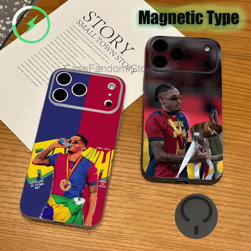 Custodia Trasparente Grigia per iPhone 17,16,15,14,13,12Pro,Max,Plus con Ricarica Wireless Magnetica, B-Brazil R-Raphinhas 11 Football