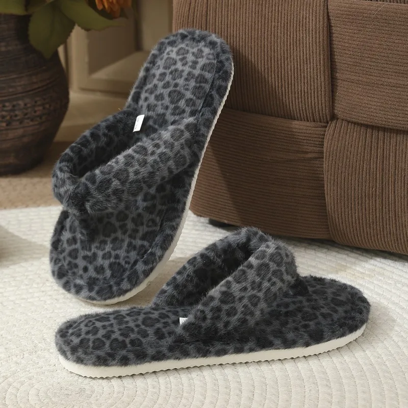 Modische, flauschige Flip-Flops mit Leopardenmuster für Damen, Herbst- und Winterschuhe, warme, weiche Hausschuhe mit Plüschfutter und EVA-Sohle, Mädchen-Hausschuhe aus Baumwolle. – Detail 9