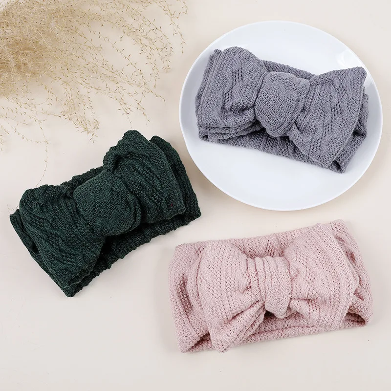 Newborn Baby Headband Children Jacquard Bow Turban Hair Accessories Knit Double Layered Elastic Hairbands Soft Warm Headwrap