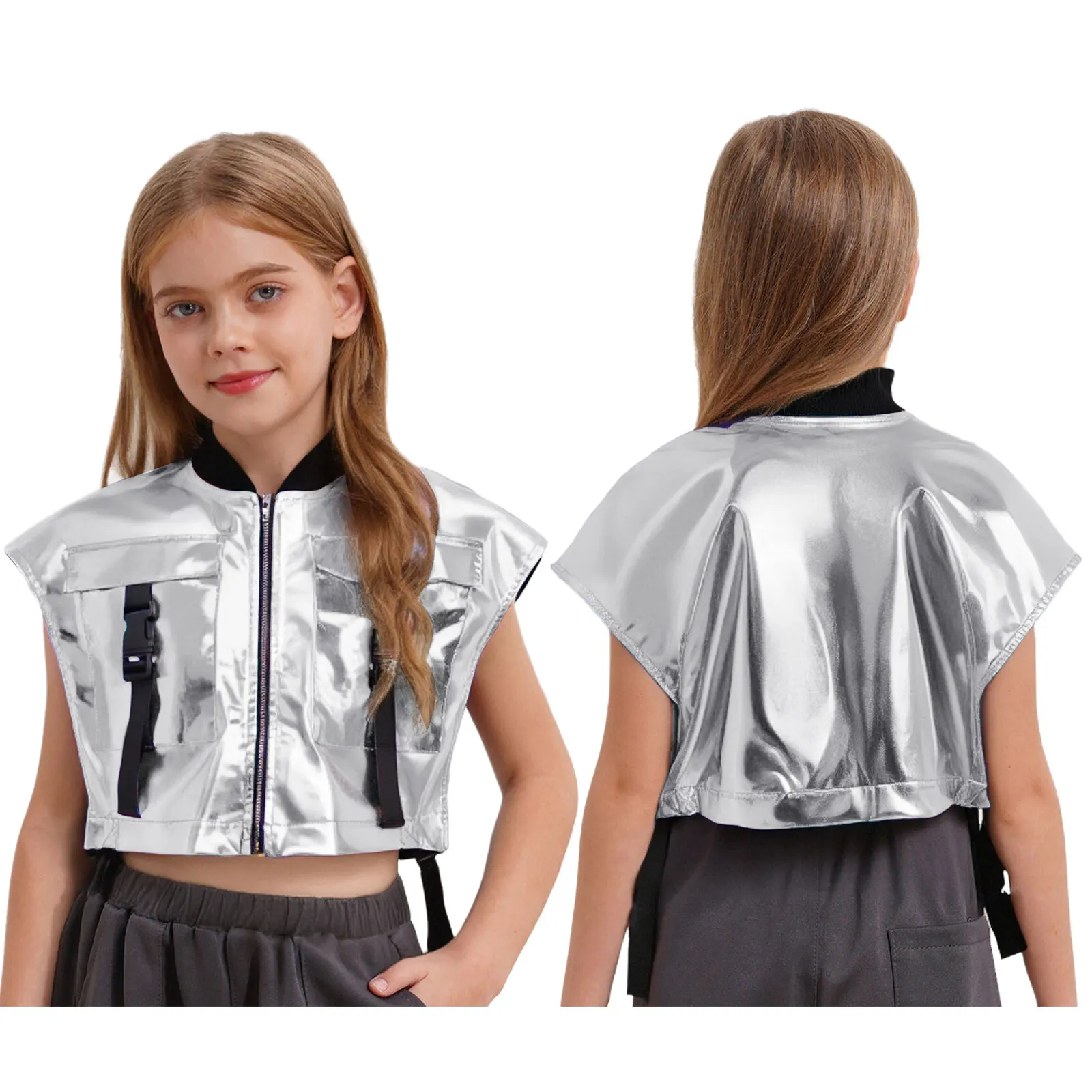 Meisjes metallic glanzend jazz hiphop dansvest jas streetwear mouwloze ritsjas met gespzakken voor toneelvoorstellingen