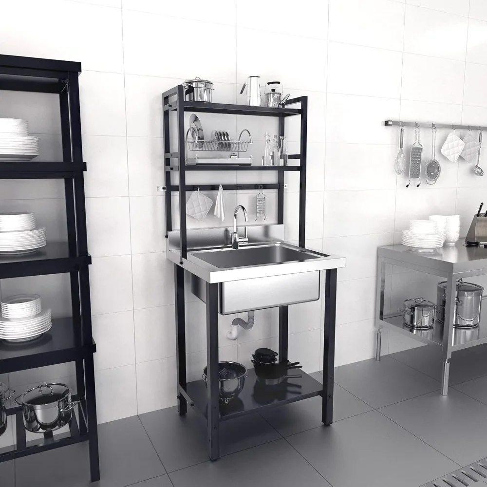 

VINGLI 67H Commercial Sink 304 Stainless Steel Sink with Adjustable Shelves and Hanging Rod with Hooks, Freestanding Utility Sin