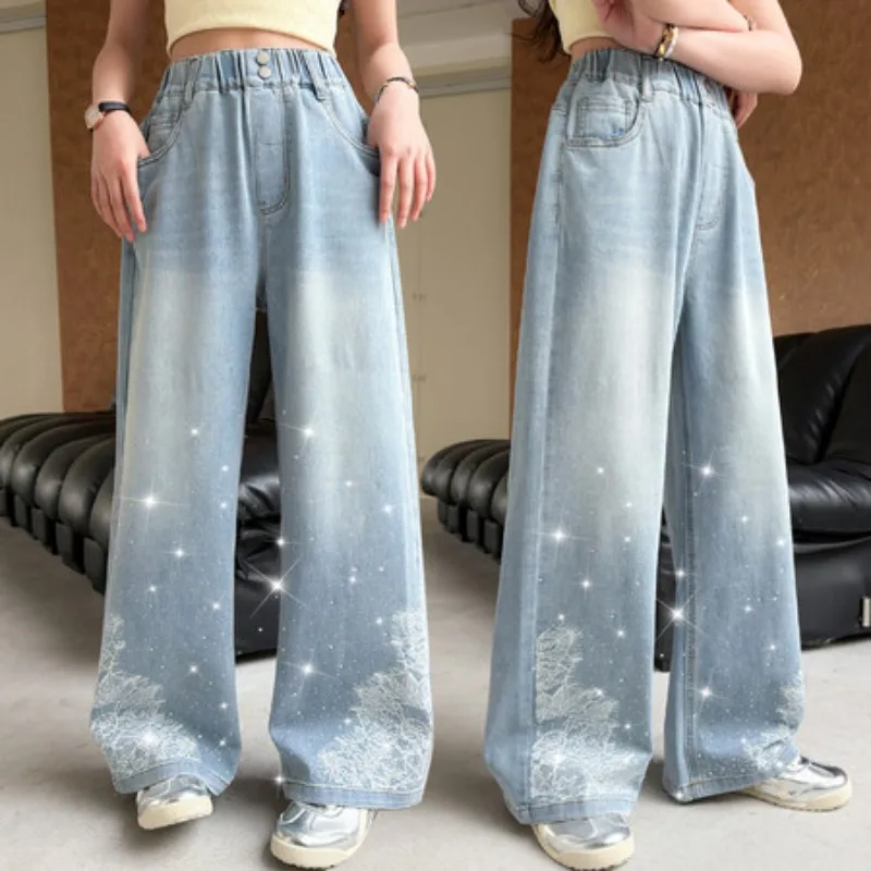 

2026 Summer Big Girls Jeans New Kids Children Girl Light Color Embroidery Rhinestone Jeans Stylish Cool Stylish