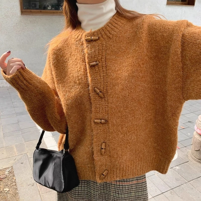 Women Oversized Knit Cardigan Wooden Button Sweater Cozy Drop Shoulder Jumper Loose Fit Solid Beige Casual Winter Coat Top
