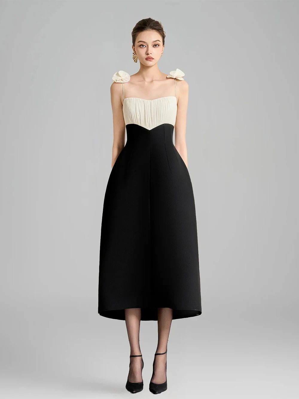 Modphy Elegant Patchwork Folds Slim Dress Women'S Sling 3D Flowers Sleeveless High Waist Temperament Midi Dress Female Fashion