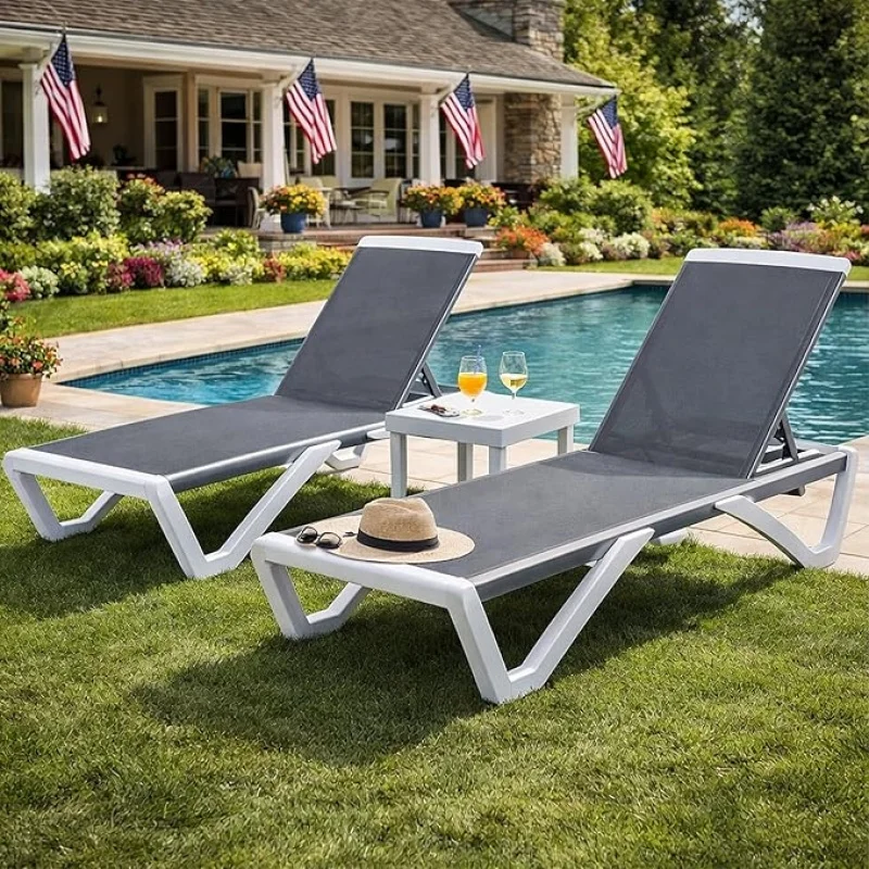 

2Chairs + Table Gray Outdoor Chaise Lounge Chair, Full Flat Adjustable Patio Lounger, Aluminum Frame & Resin