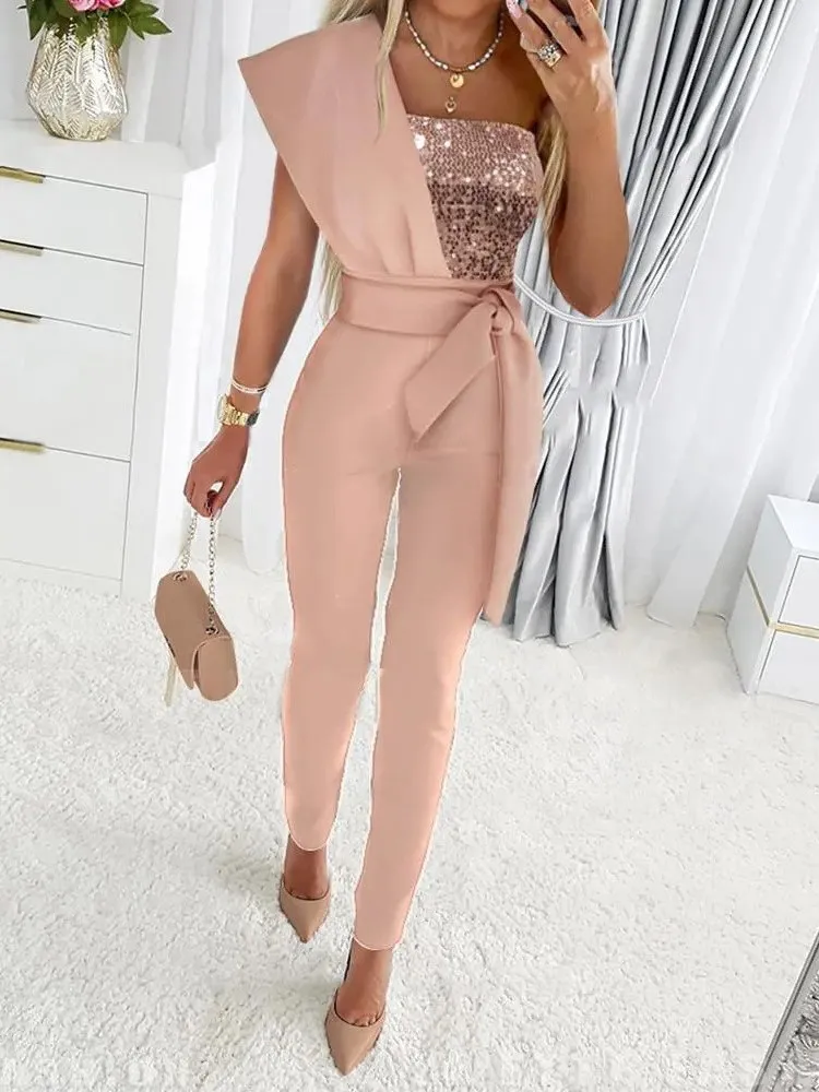 Fashion Sequin Patchwork Off Shoulder Jumpsuit Women Sleeveless High Waist Leace-up Bodycon Jumpsuits Lady Streetwear Bodysuits