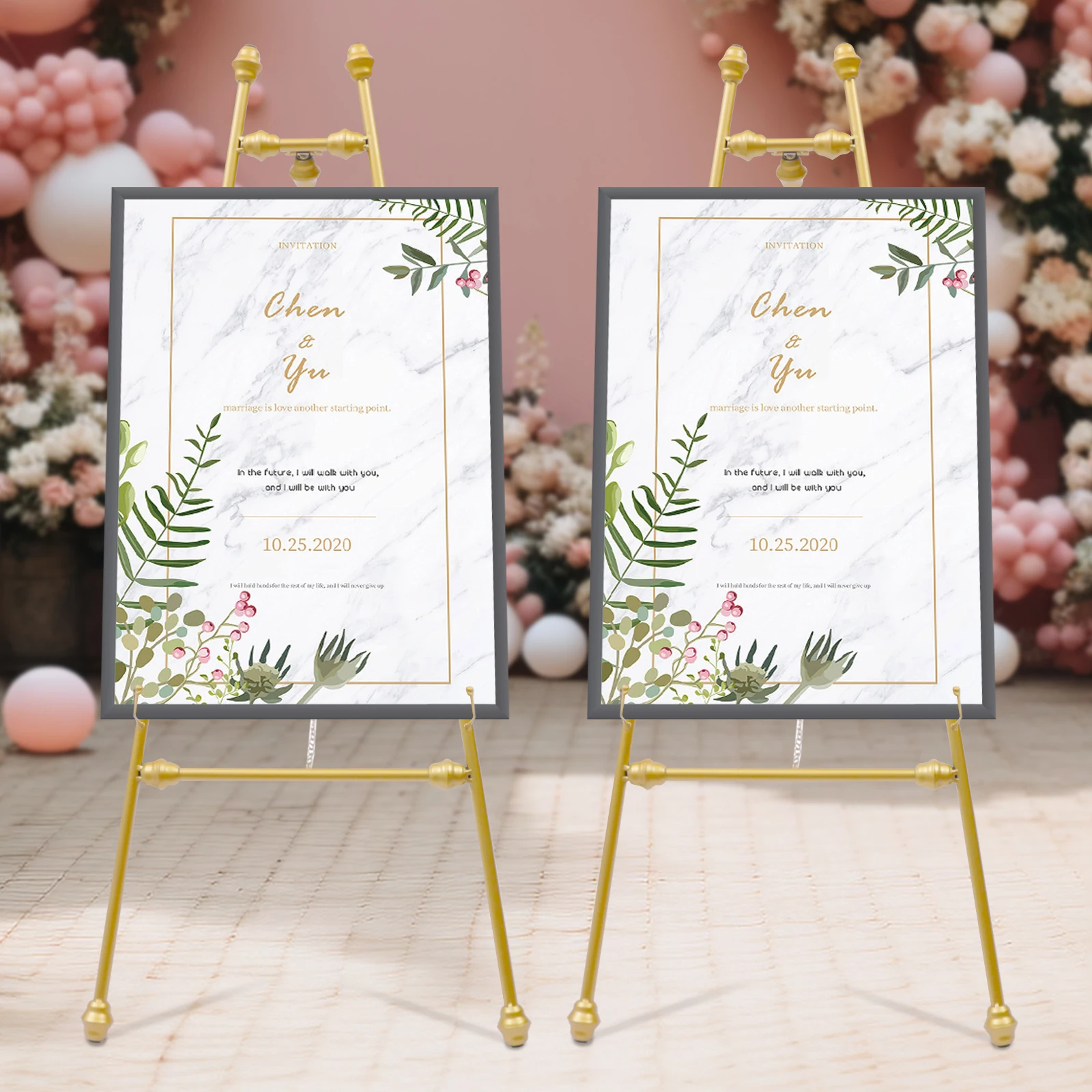 2Pcs Metal Portable Floor Easel Stand for Decorative Display - Golden Wedding Easel Stand Welcome Signs with Adjustable Hooks