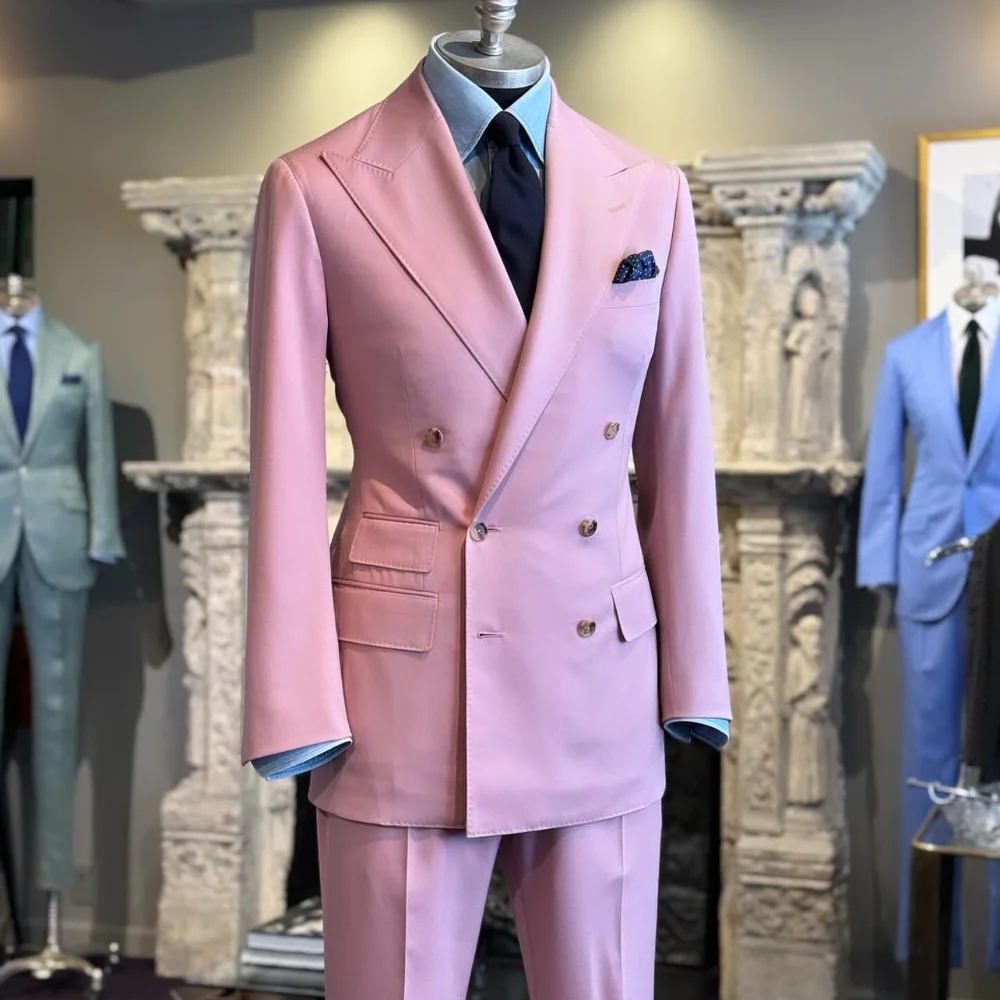 

Elegant Pink Suits For Men Double Breasted Business Blazer Wedding Groom Tuxedo Slim Fit 2 Piece Jacket Pants Terno Masculino