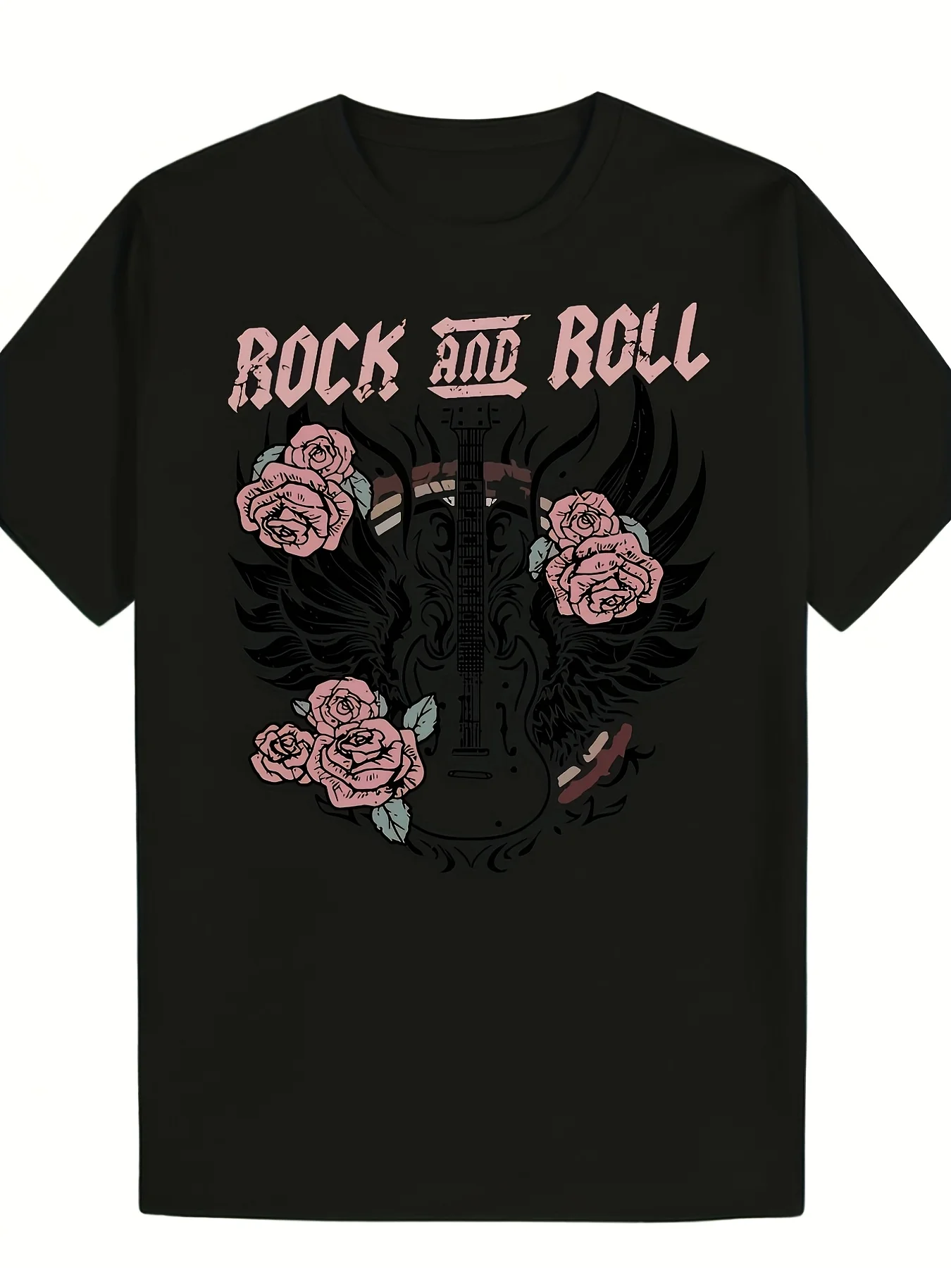 Men's Vintage Rock Music Pattern T-Shirt Black Pink Rose Guitar Print Music Festival T-Shirt Short Sleeve Round Neck Casual Shirt