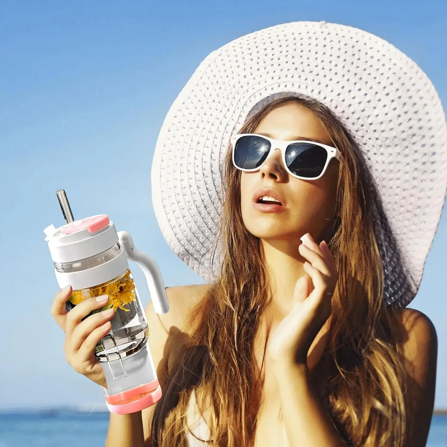 Vaso de vidrio de 32 oz con pajita y tapa, botellas de agua de vidrio con asa, taza de café helado reutilizable, Wat de vidrio de gran capacidad de 1 litro