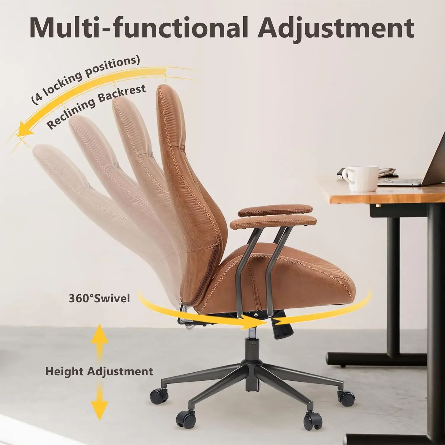 Century Modren Office Chair - Leather Brown Executive Chairs Ergonomic High Back with Lumbar Support, Swivel Computer Desk Task