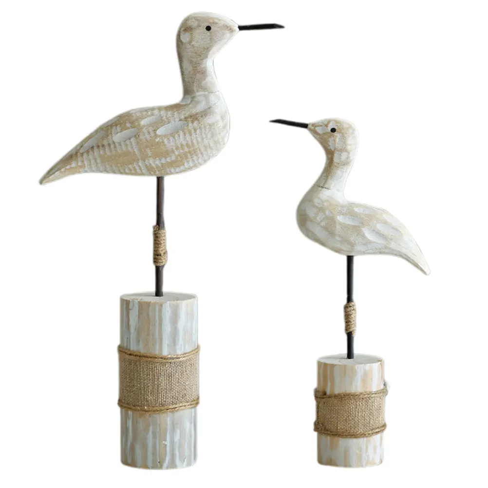 

2Pcs Standing Sea Bird Sculpture Rustic Wooden Seagull Statue for Nautical Home Decor Coastal Tabletop Mediterranean Style