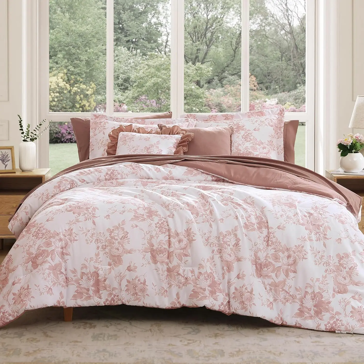 

Queen Comforter Set - 7 Pieces Pink Floral All Seasons Bed in a Bag with Botanical Flowers Sheets Pillowcases Shams