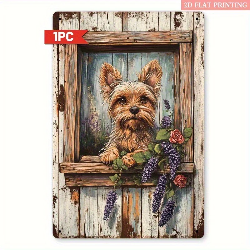 2D Flat, 2D Flat 1pc Yorkshire Puppy in Window with Flowers Metal Wall Art, 8x12 Inches - Rustic Wrought Iron Decor, Suitable fo